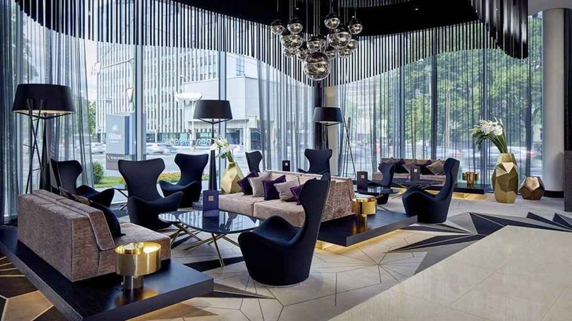 comfortable lobby and coworking space at Hilton Tallinn Park.