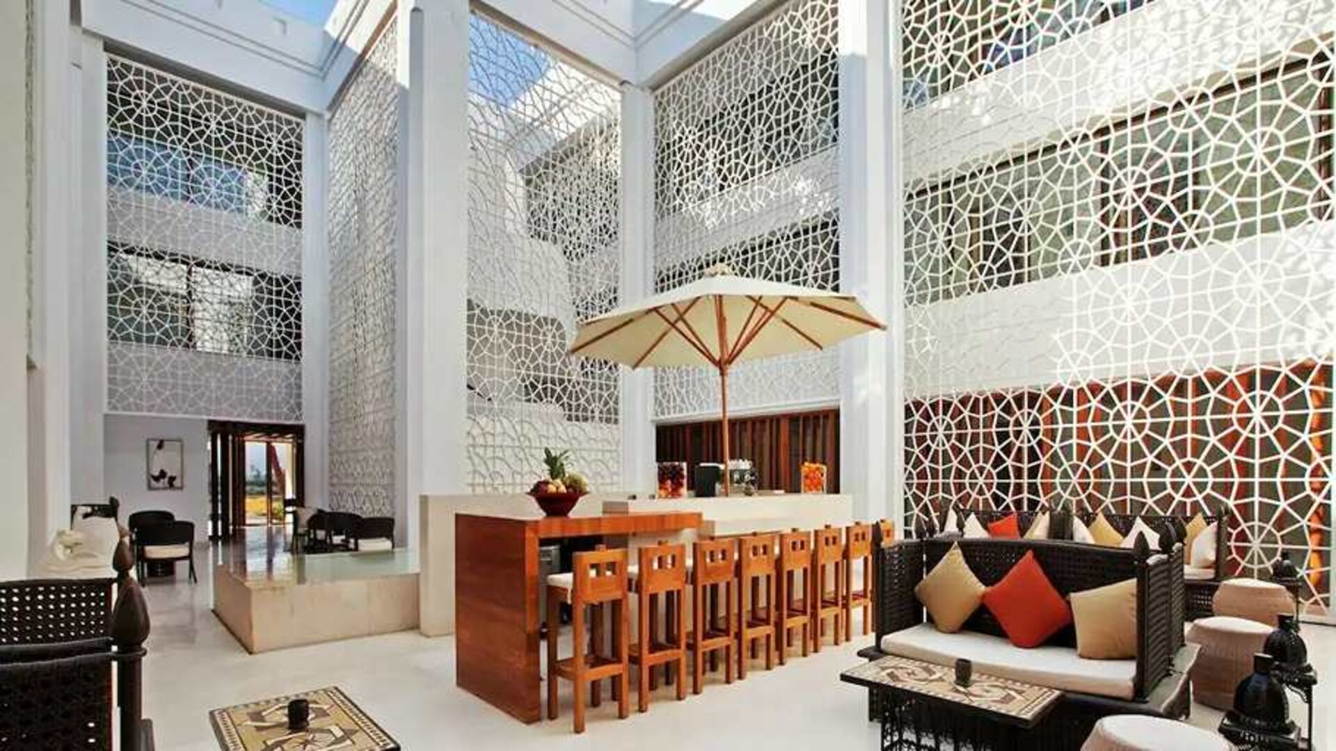 comfortable lobby and coworking space at Hilton Luxor Resort & Spa.