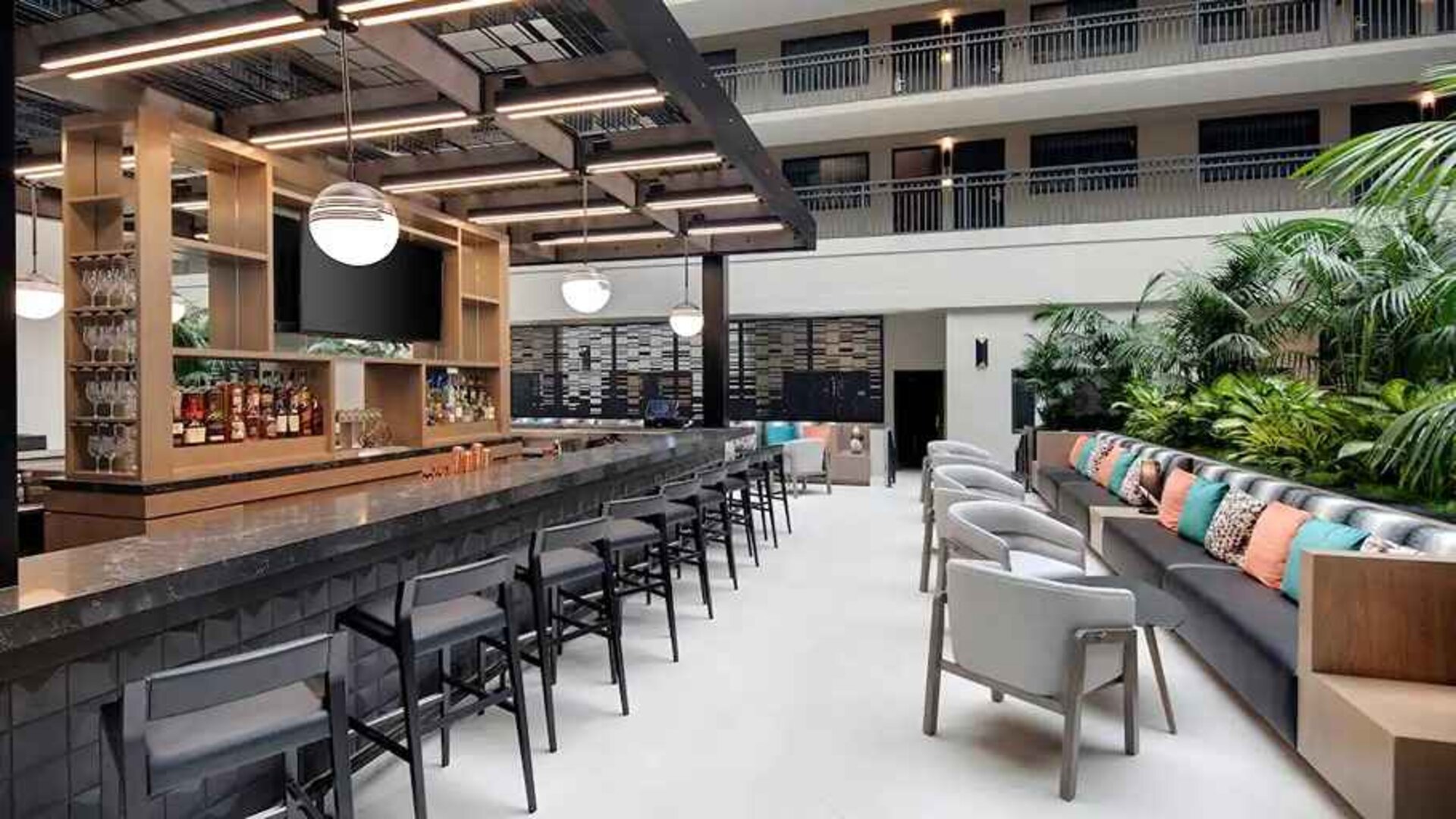well-lit, spacious lobby-lounge ideal for coworking at Embassy Suites by Hilton San Rafael Marin County.