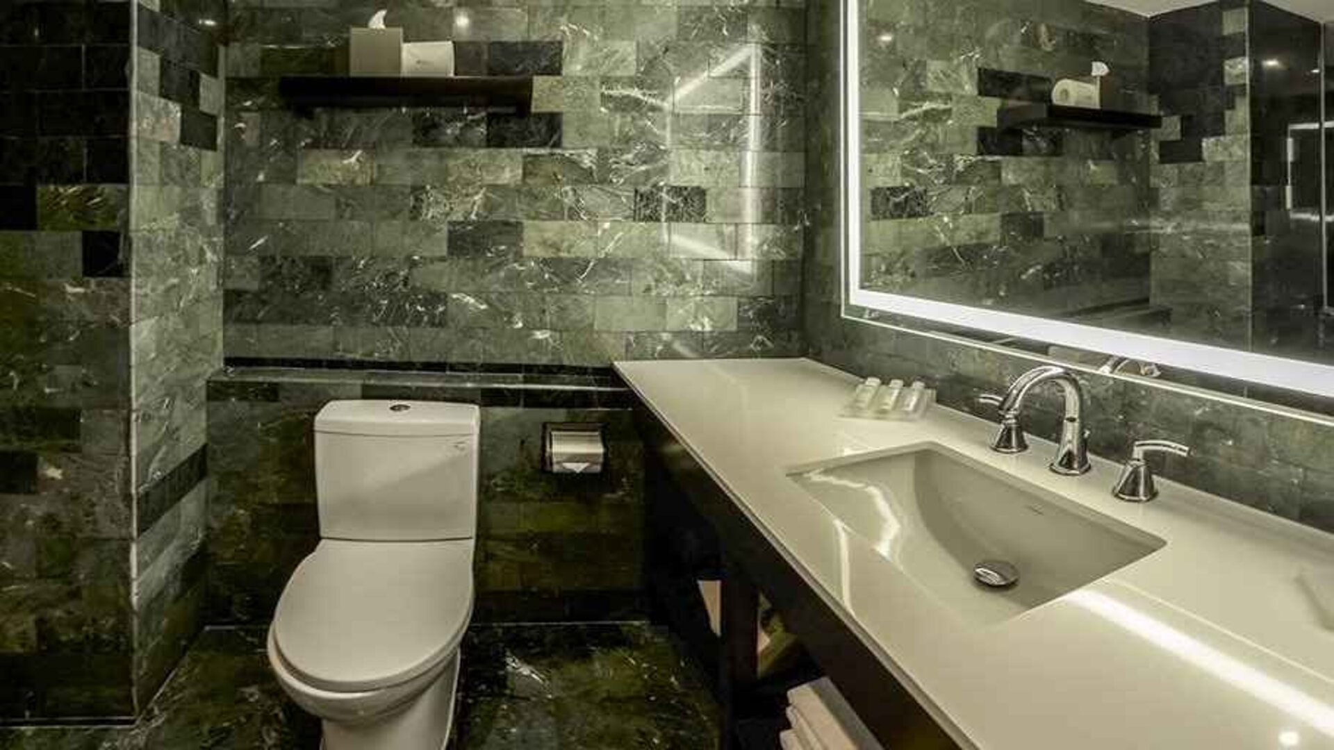 guest bathroom with basin, toilet, and shower at Hilton Garden Inn Guatemala City.