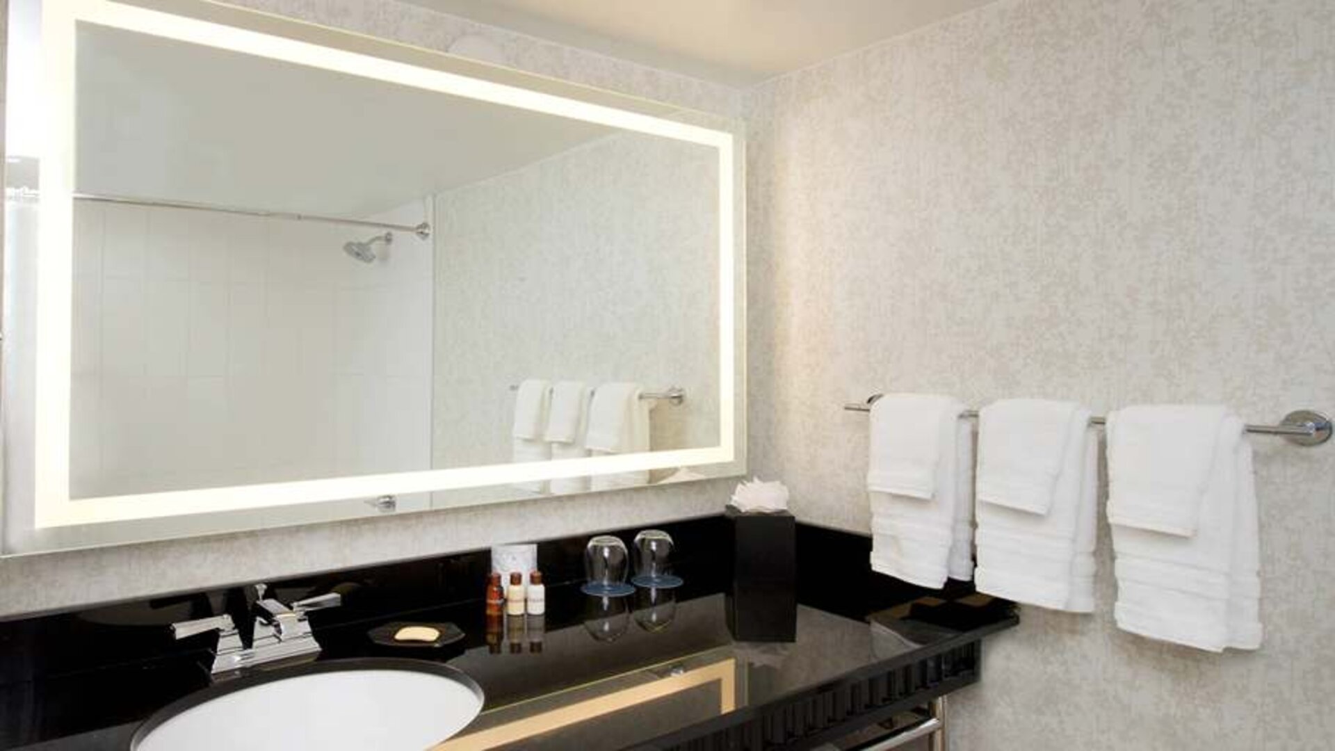 Guest bathroom at the Sheraton Miami Airport Hotel.