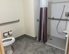 Accessible bathroom featuring a roll-in shower, safety grab bars, and spacious layout designed to provide comfort and convenience for all guests at La Quinta Inn & Suites By Wyndham Sawgrass Mills.