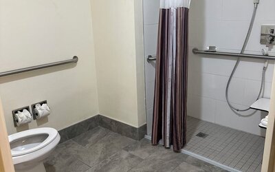 Accessible bathroom featuring a roll-in shower, safety grab bars, and spacious layout designed to provide comfort and convenience for all guests at La Quinta Inn & Suites By Wyndham Sawgrass Mills.