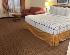 Spacious guest room with a king-size bed, seating area, and ample floor space, offering comfort and convenience for both business and leisure travelers.