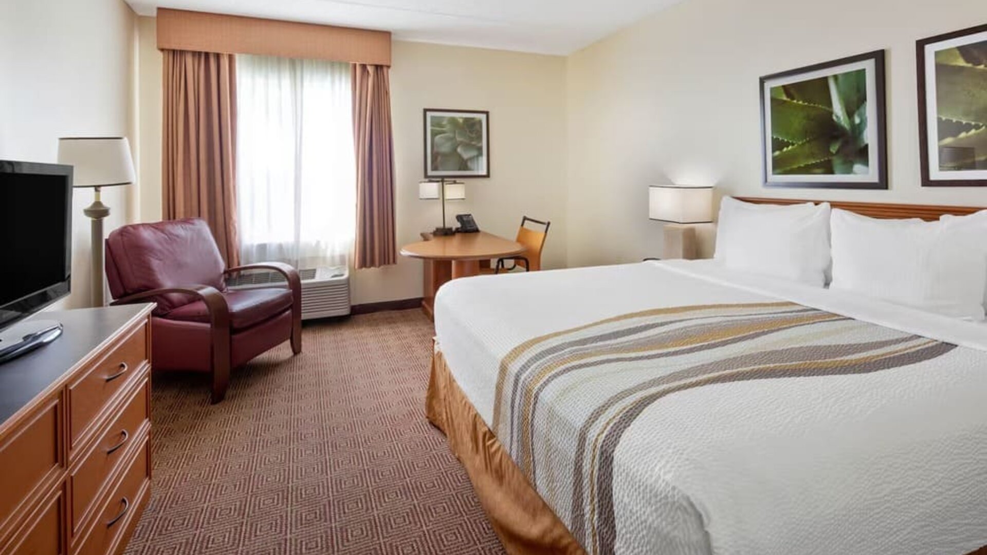 Spacious king room with natural light, comfortable seating, a work area, and modern amenities, offering guests a relaxing space to unwind after a busy day.