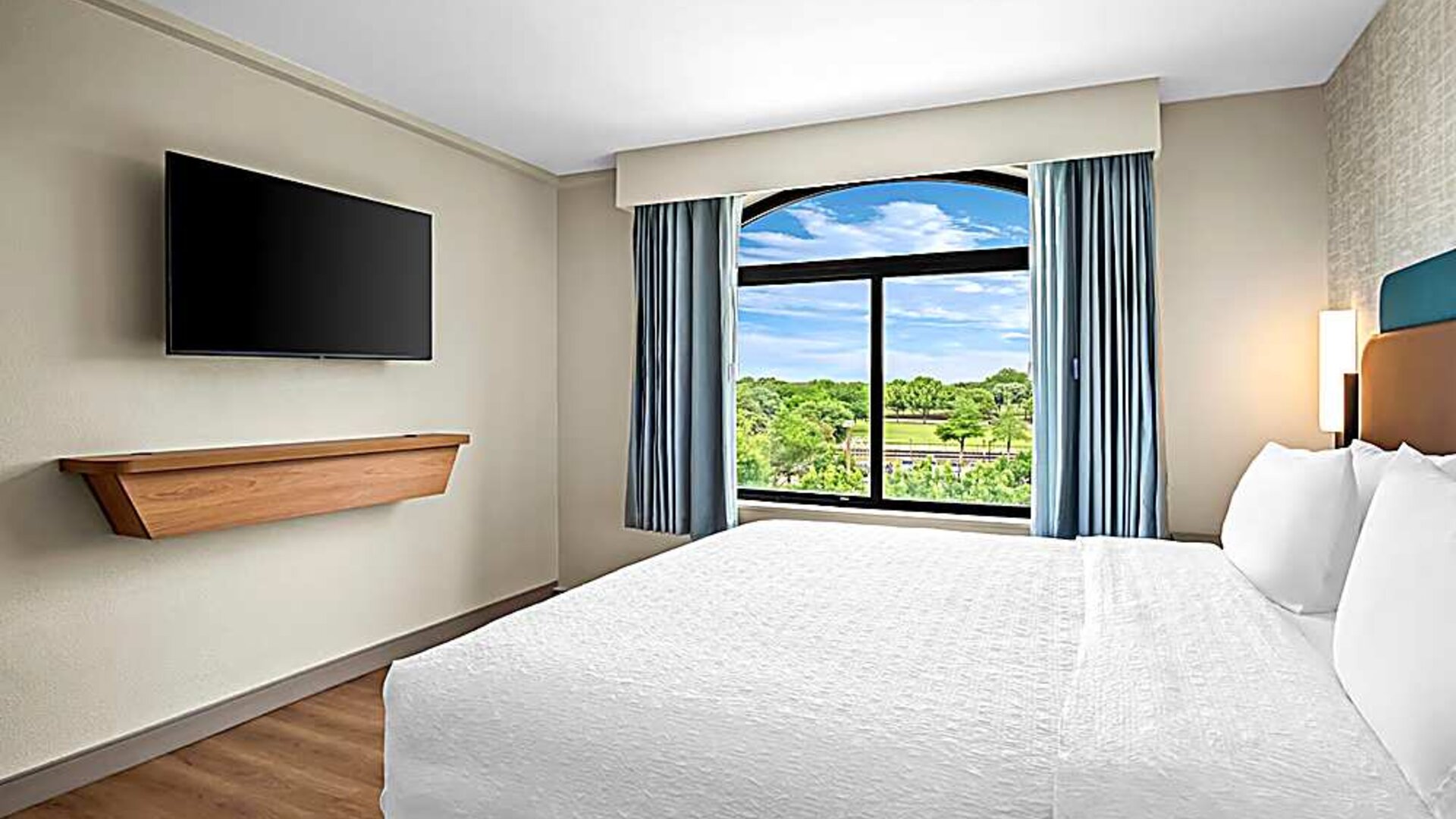 King bed with TV and natural light. 