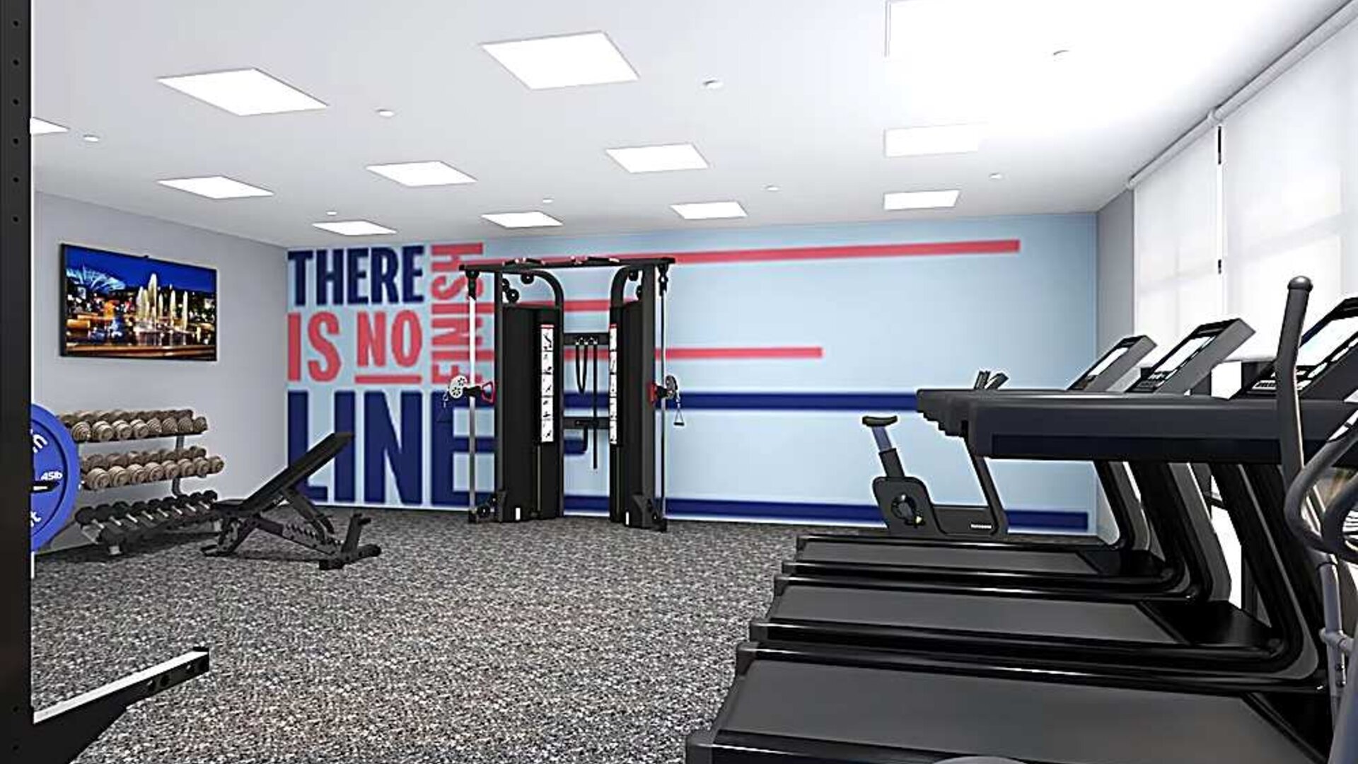 Fitness center with treadmills and other equipment. 