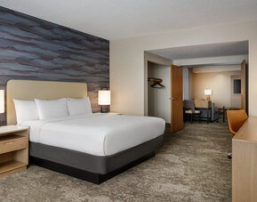 Spacious king guest room with contemporary décor, plush bedding, work area, and separate seating space at Embassy Suites By Hilton Charleston Airport Convention Center.