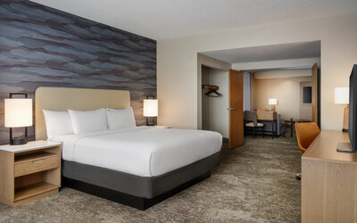 Spacious king guest room with contemporary décor, plush bedding, work area, and separate seating space at Embassy Suites By Hilton Charleston Airport Convention Center.