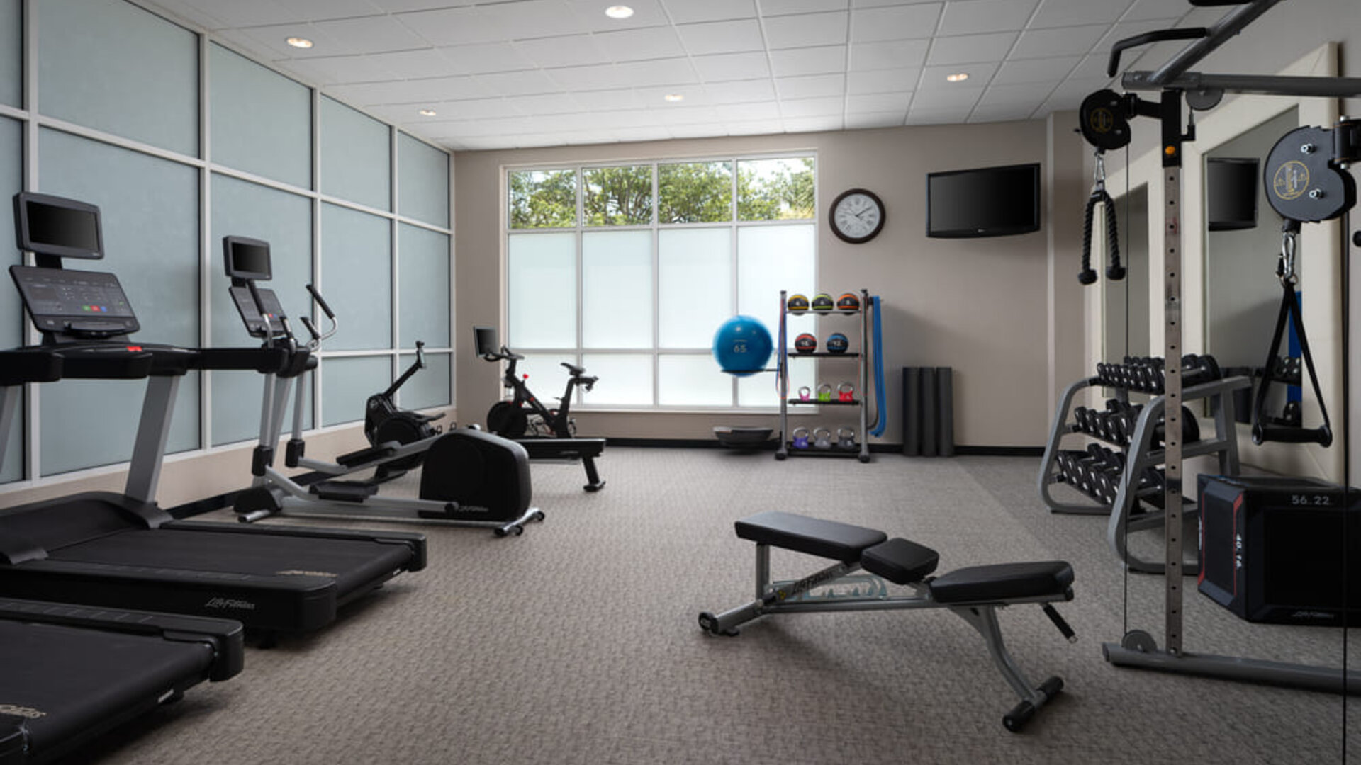 Modern fitness center featuring cardio equipment, strength-training machines, free weights, and workout space at Embassy Suites By Hilton Charleston Airport Convention Center.