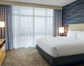 Bright king guest room with contemporary décor, spacious layout, and abundant natural light at Embassy Suites By Hilton Charleston Airport Convention Center.