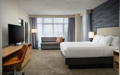 King guest room featuring plush bedding, modern furnishings, and floor-to-ceiling windows for a comfortable stay at Embassy Suites By Hilton Charleston Airport Convention Center.