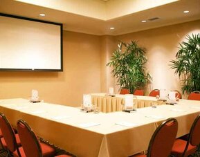 Meeting room with screen and u shape table at the DoubleTree Suites by Hilton Anaheim Resort-Convention Center.
