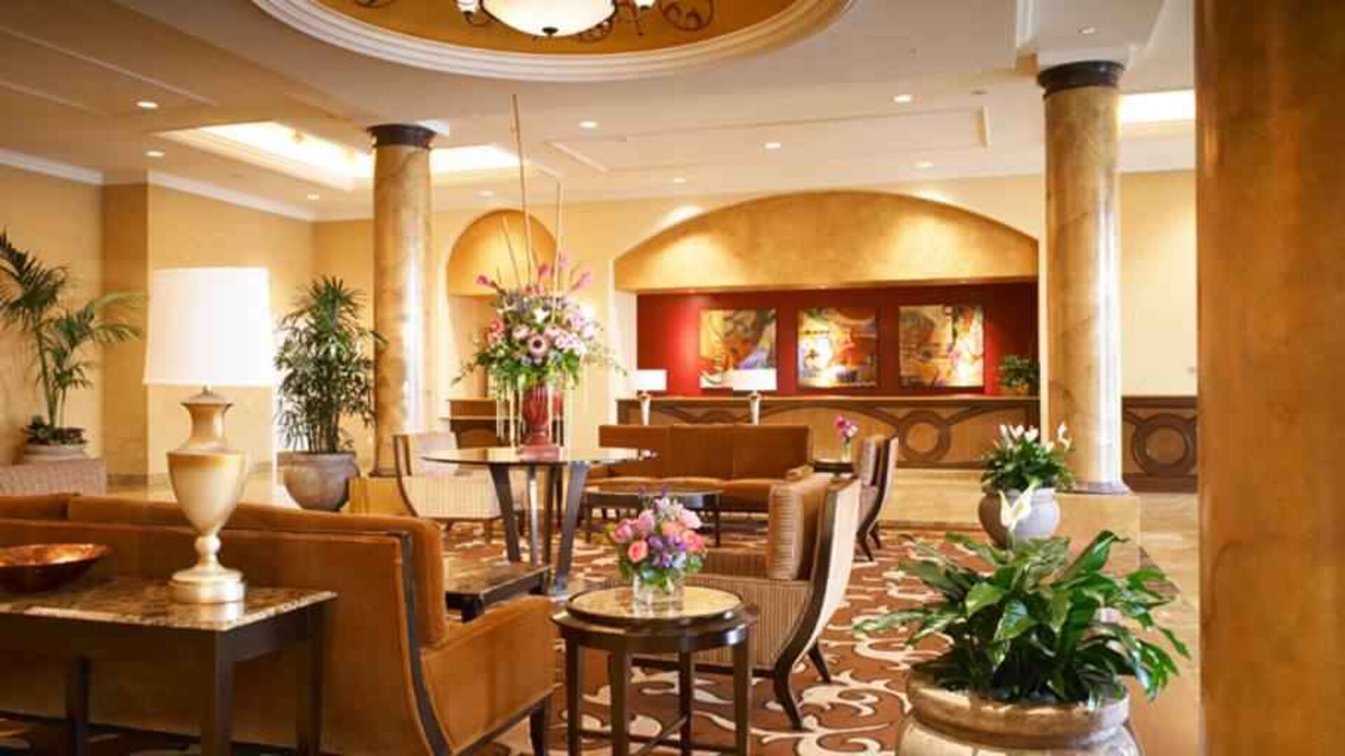 Elegant lobby workspace at the DoubleTree Suites by Hilton Anaheim Resort-Convention Center.