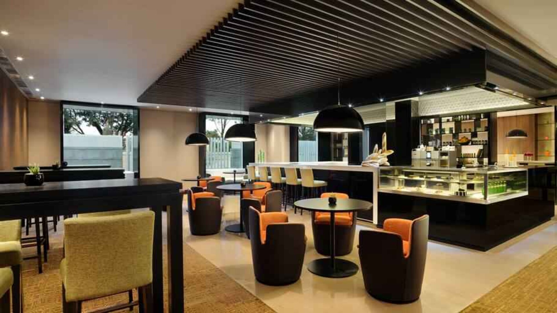 Dining area suitable for co-working at the Hilton Bangalore Embassy GolfLinks.