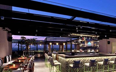 Outdoor patio perfect as workspace at the DoubleTree Suites by Hilton Bangalore.