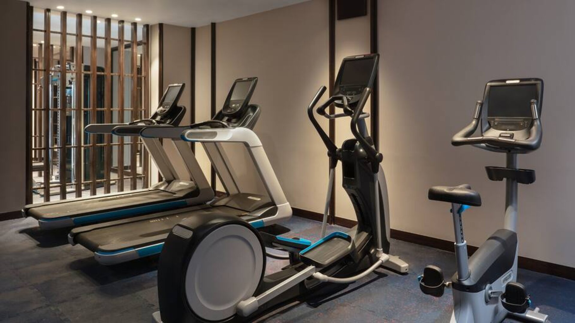 Gym with treadmills at the Hilton Goa Resort.