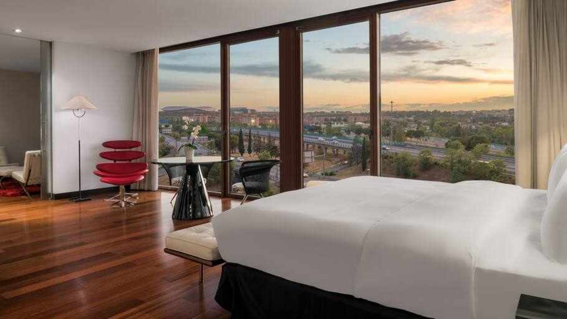 King bedroom with view at the Hilton Madrid Airport.
