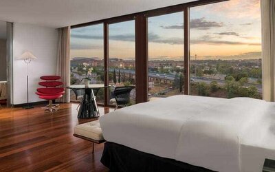King bedroom with view at the Hilton Madrid Airport.