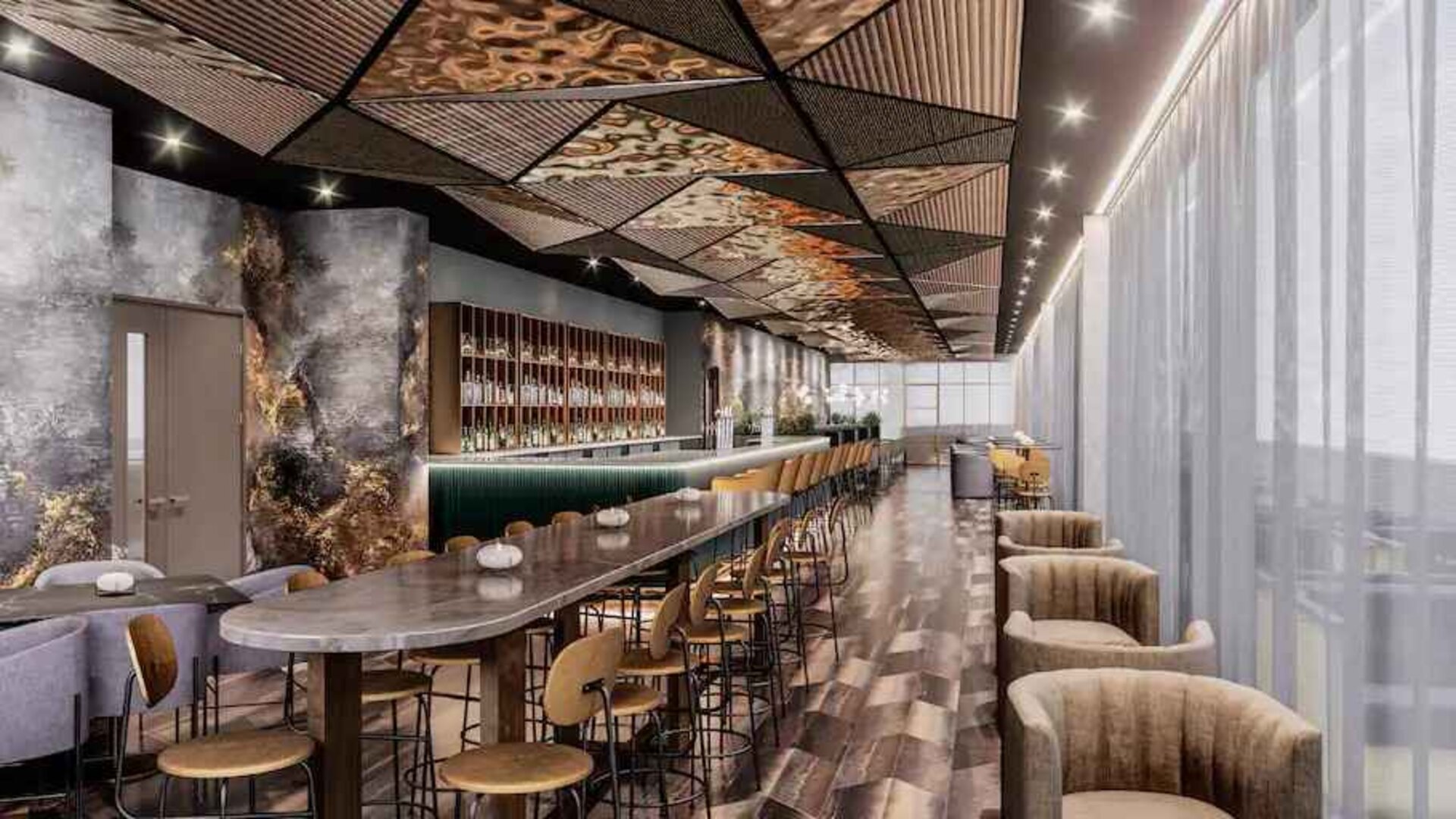 Hotel workspace along the bar at the Hilton Garden Inn Peterborough City Centre.