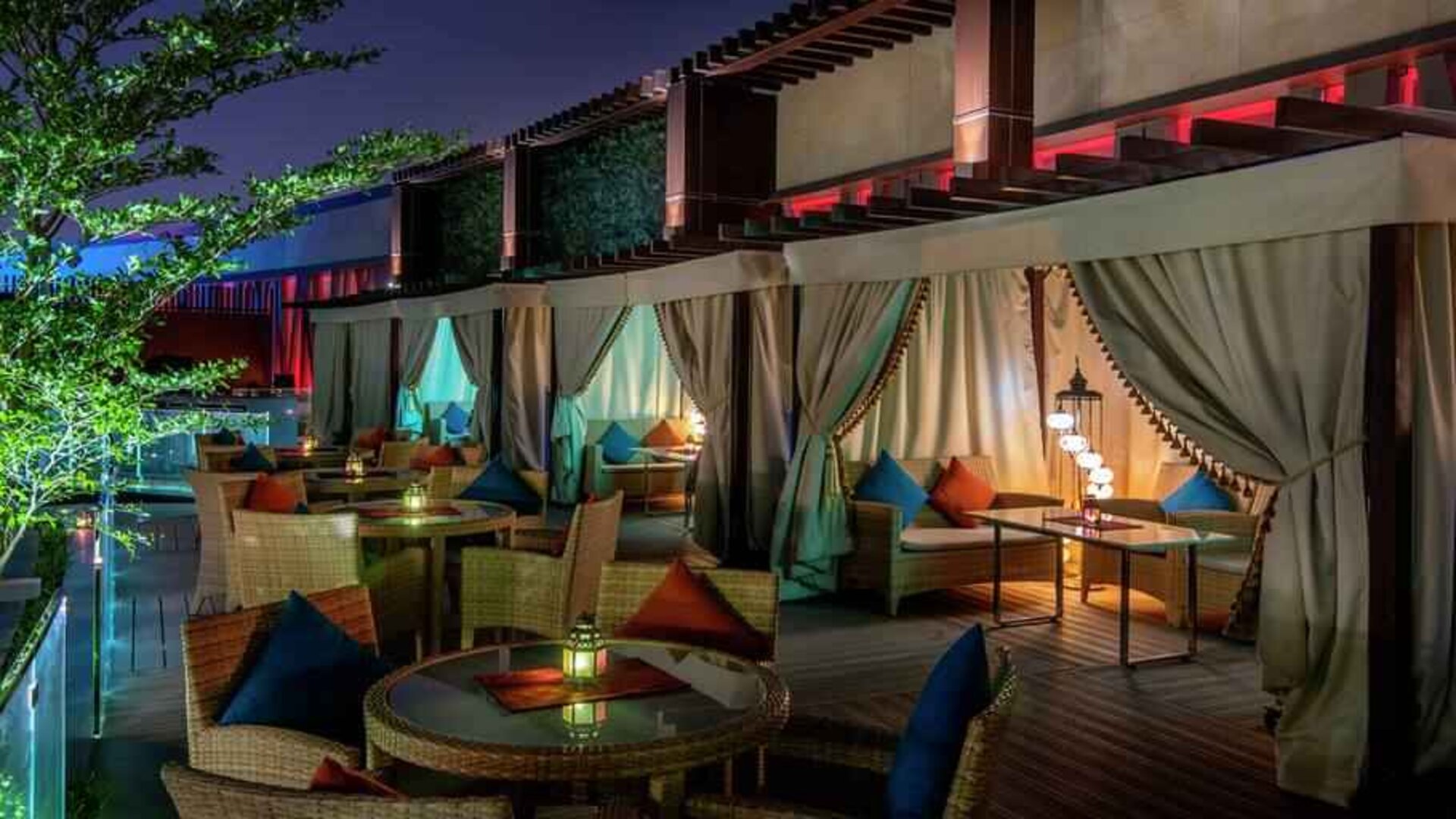 Outdoor patio at the AlRayyan Hotel Doha, Curio Collection by Hilton.