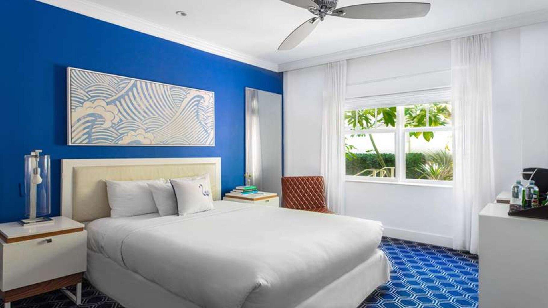 Bright hotel room at Blue Moon Hotel.