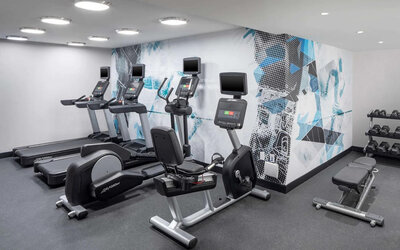 The hotel exercise center, fitted with rack of weights, bench, and multiple exercise machines.