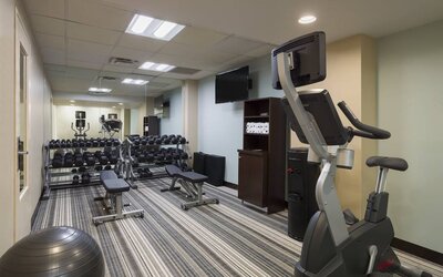 The hotel fitness center, with benches, weights, and various exercise machines.