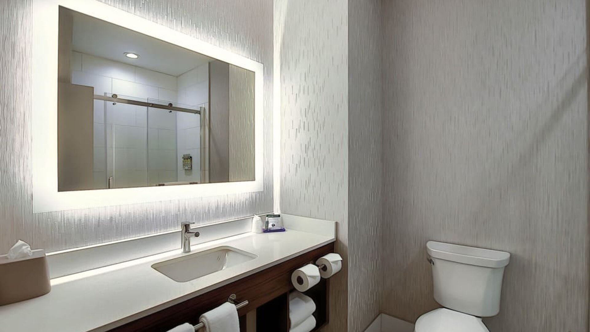 Private guest bathroom with shower at Holiday Inn Express & Suites Airport-Calgary.