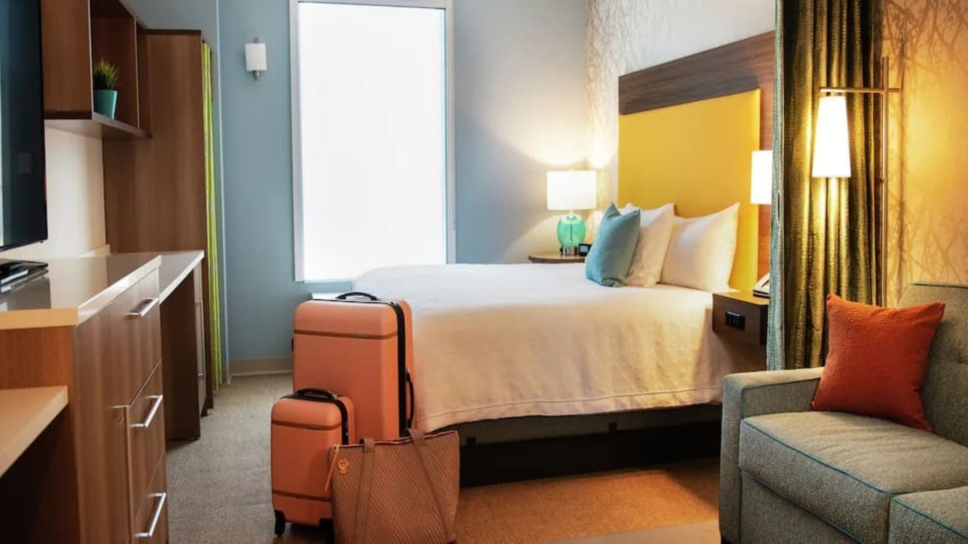 King bedroom with work station at Home2 Suites By Hilton Dallas Medical District Lovefield.