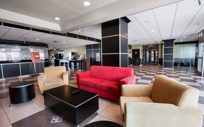 Lobby and coworking lounge at Travelodge Absecon Atlantic City.