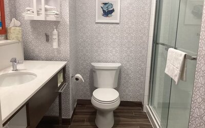 Private guest bathroom with shower at Hampton Inn By Hilton Port Hope.