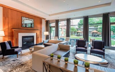 Lounge and coworking space at Courtyard By Marriott Boston Brookline.