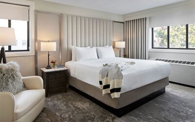 Delux king bed with chair and natural light at Capitol Hill Hotel.