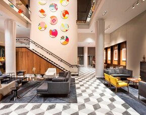 Lobby and coworking space with fire place at Le Méridien Columbus, The Joseph.