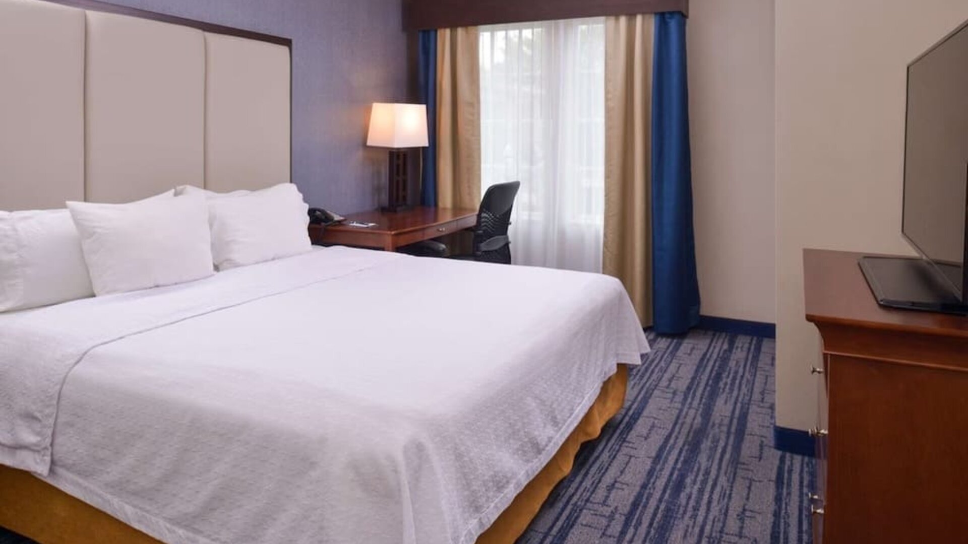 King bed with TV and natural light at Homewood Suites By Hilton Dallas-Lewisville.
