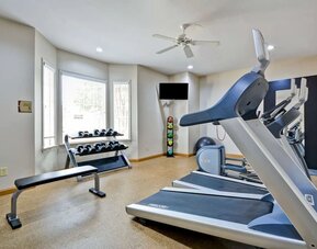 Well equipped fitness center at Homewood Suites By Hilton Dallas-Lewisville.