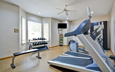 Well equipped fitness center at Homewood Suites By Hilton Dallas-Lewisville.