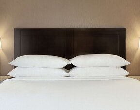 Delux king room with natural light and plush bedding at Embassy Suites By Hilton Arcadia Pasadena Area.