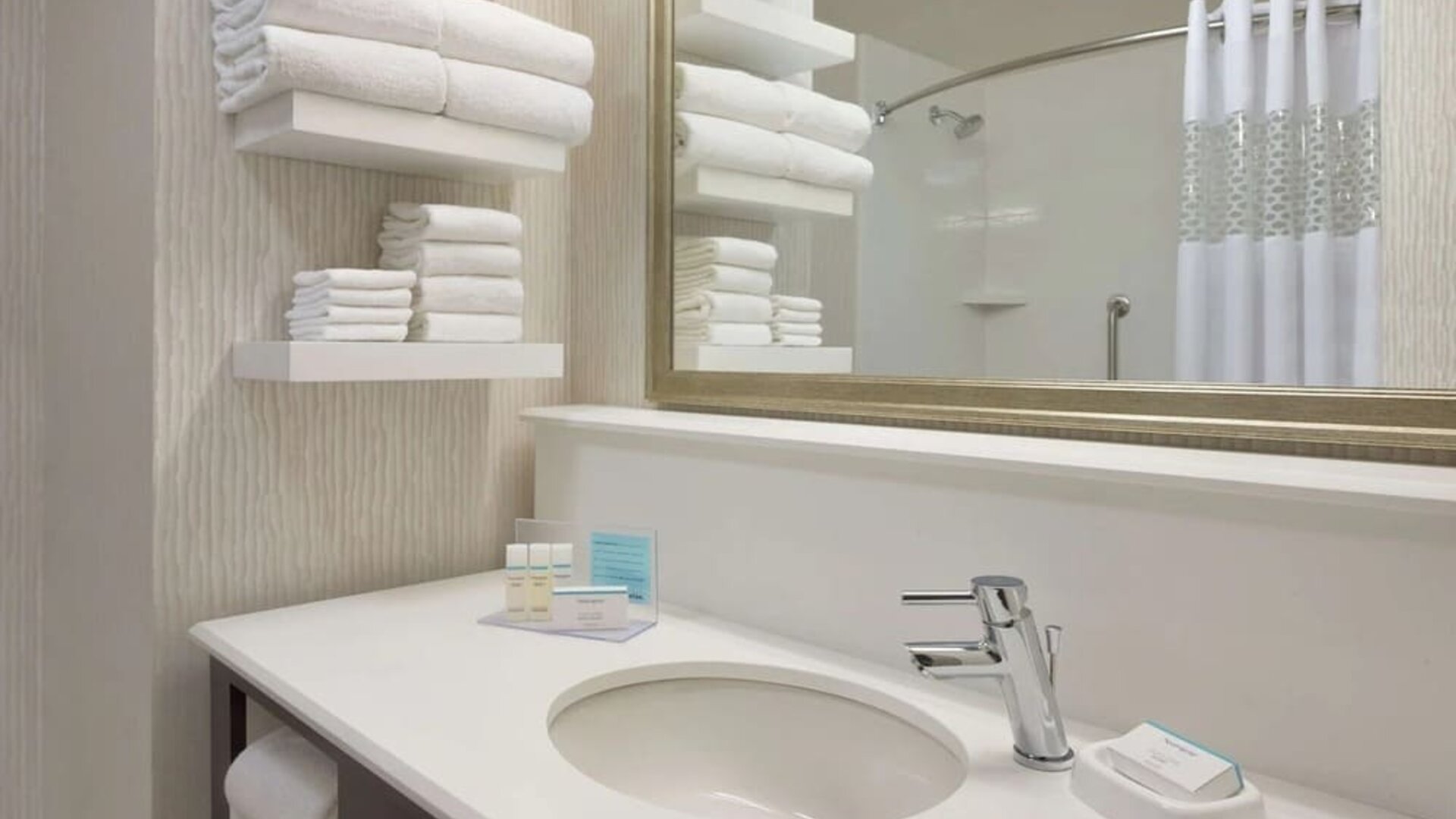 Guest bathroom with shower at Hampton Inn & Suites Rosemont Chicago O'Hare.