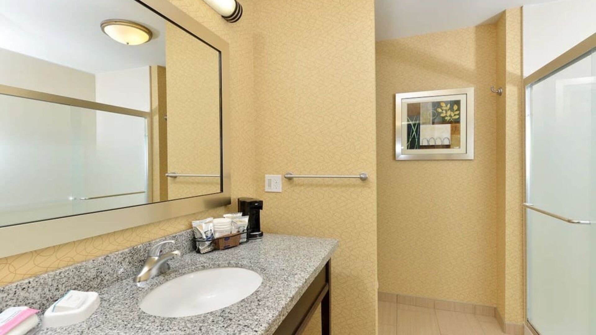 Guest bathroom with shower at Hampton Inn Iowa City/University Area.