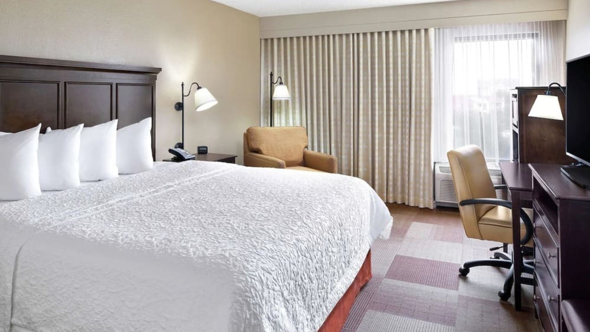 King bed with natural light at Hampton Inn Dallas-Irving-Las Colinas.