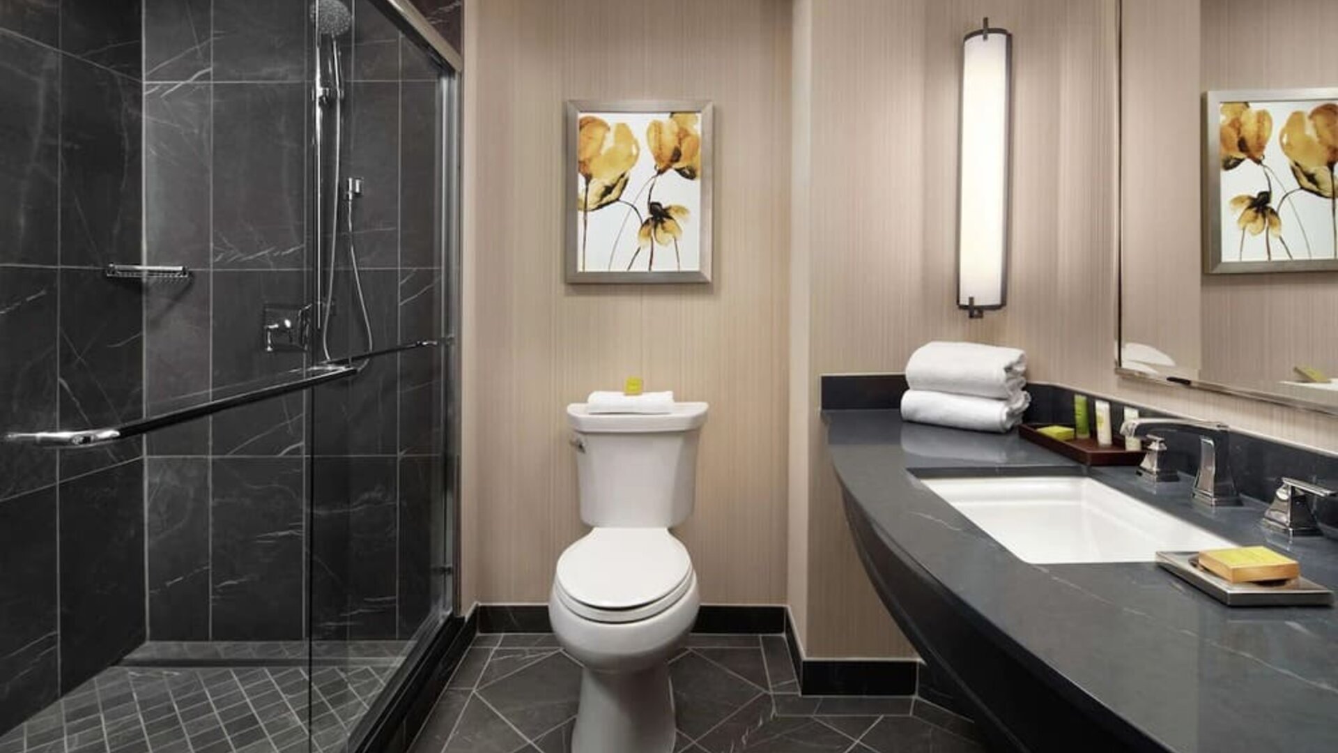 Guest bathroom with shower at Hilton Short Hills.