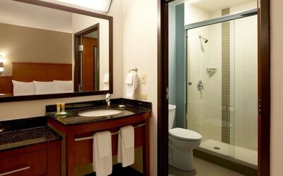 Guest bathroom with shower at Hyatt Place Chicago, Lombard / Oak Brook.