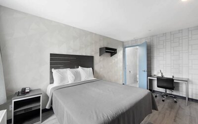 Day use room with work desk and natural light at Hotel 365 Bronx.