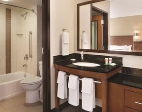 Guest bathroom with shower and tub at Hyatt Place Chicago/Hoffman Estates.