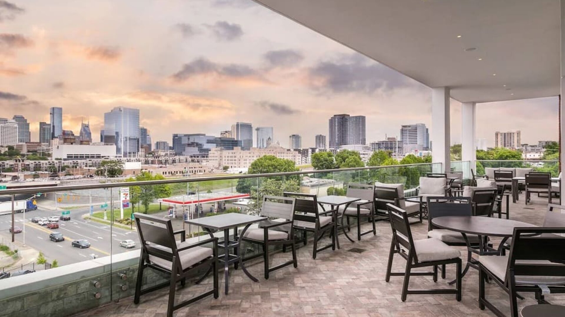 Seats in rooftop perfect for coworking at TownePlace Suites Nashville Midtown.