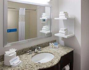 Guest bathroom with shower at Hampton Inn Los Angeles-Orange County-Cypress.