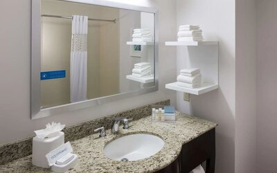 Guest bathroom with shower at Hampton Inn Los Angeles-Orange County-Cypress.