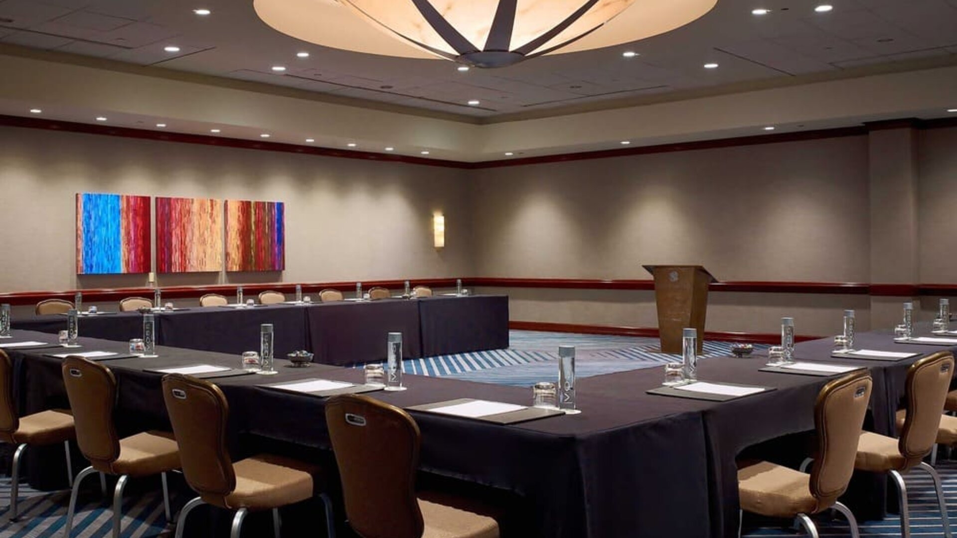 Hotel meeting room, with tables arranged in a U-shape facing a lectern, and seating for over a dozen attendees.